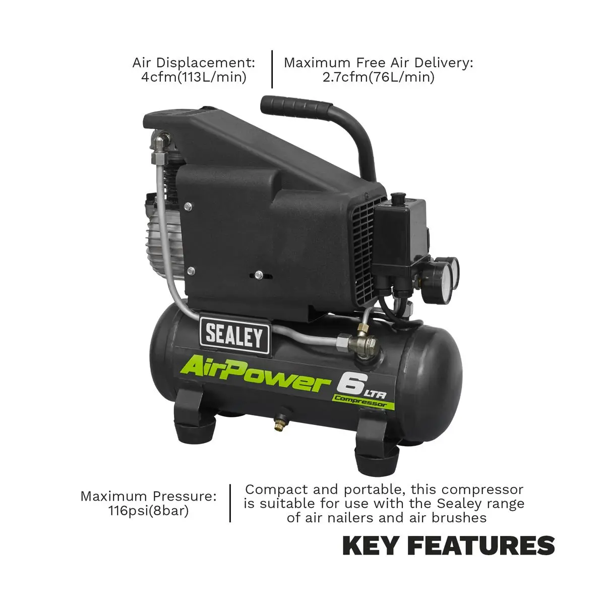 Sealey 6L Direct Drive Air Compressor 1hp - Image 2