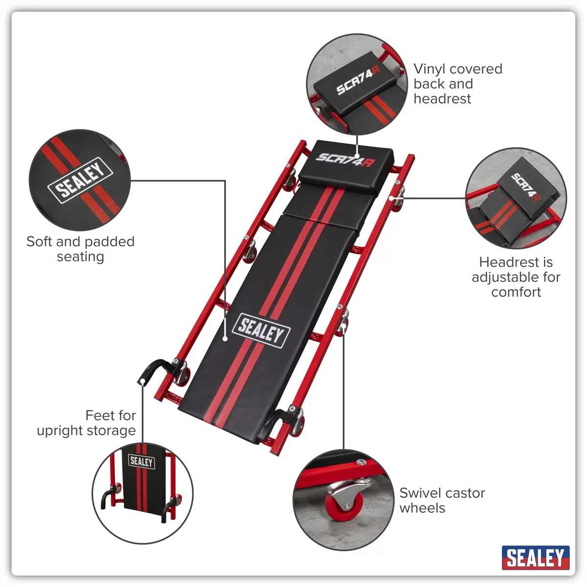 Sealey American-Style Deluxe Creeper with Steel Frame, 6 Wheels & Adjustable Headrest 40 - Image 3
