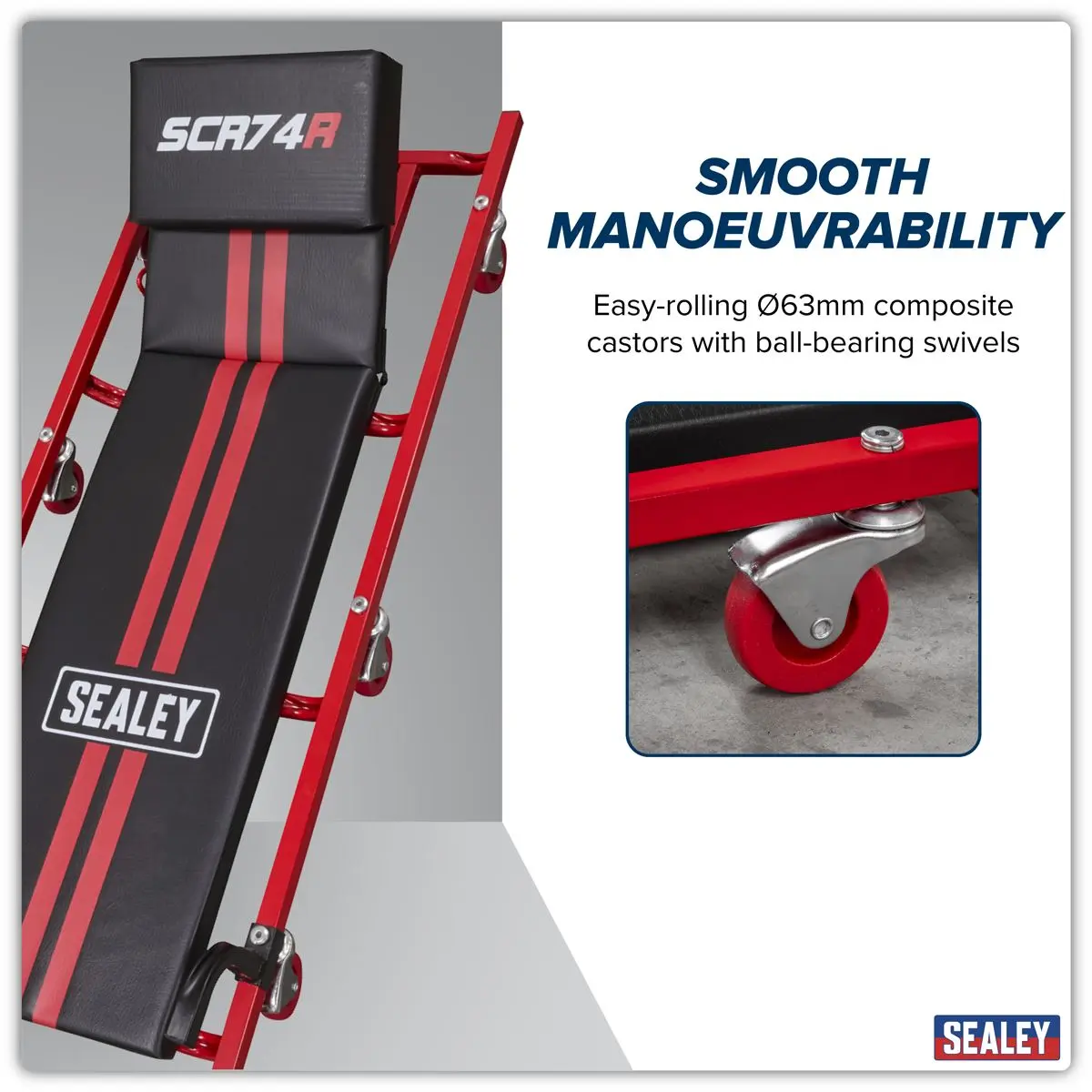 Sealey American-Style Deluxe Creeper with Steel Frame, 6 Wheels & Adjustable Headrest 40 - Image 4