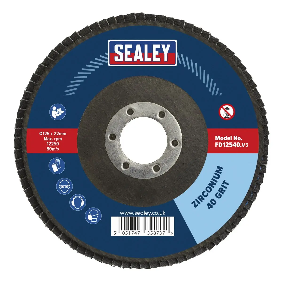 Sealey Flap Disc Zirconium Ø125mm Ø22mm Bore 40Grit - Image 4