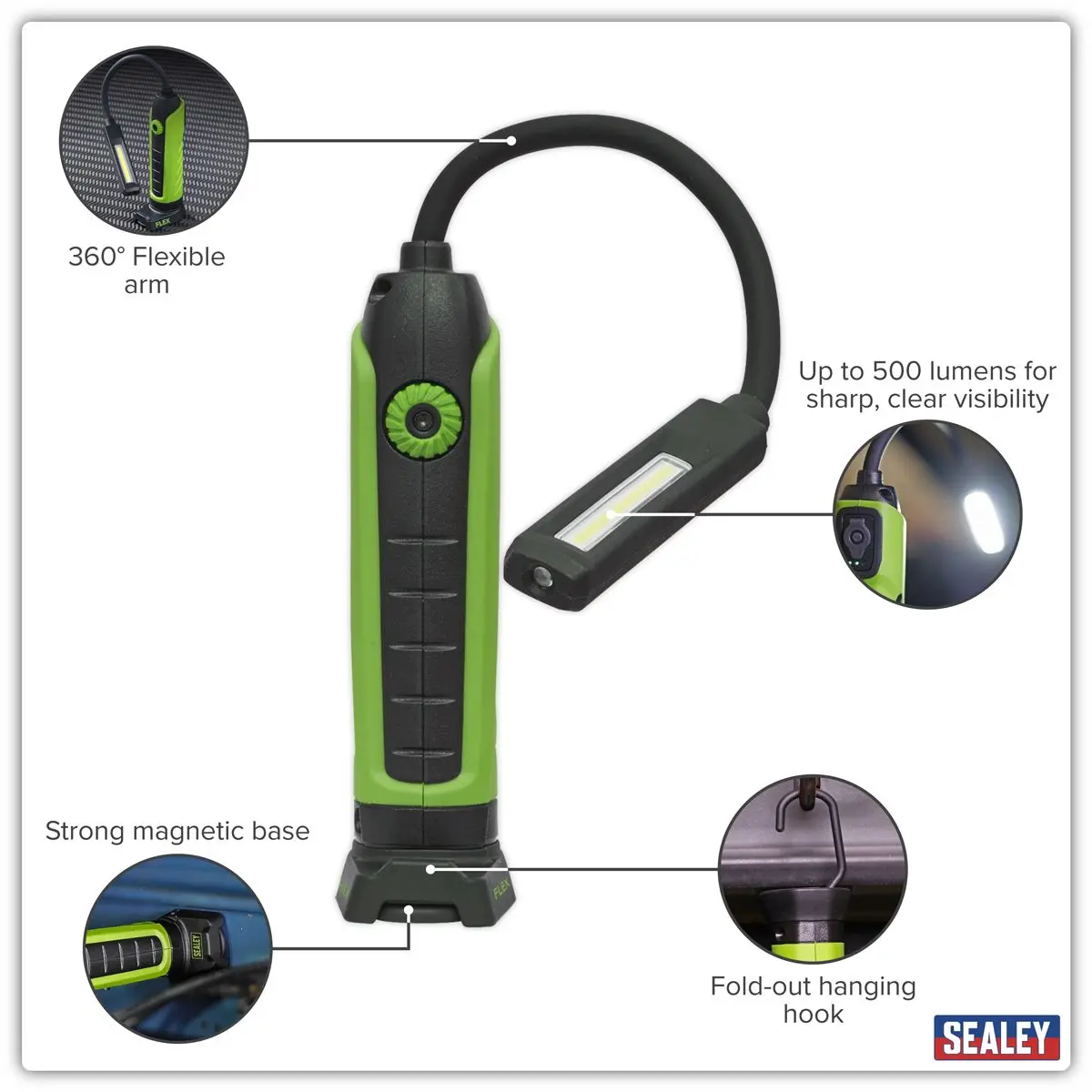 Sealey Flexi COB LED Rechargeable Inspection Lamp Magnetic Base 500 Lumens - Image 4