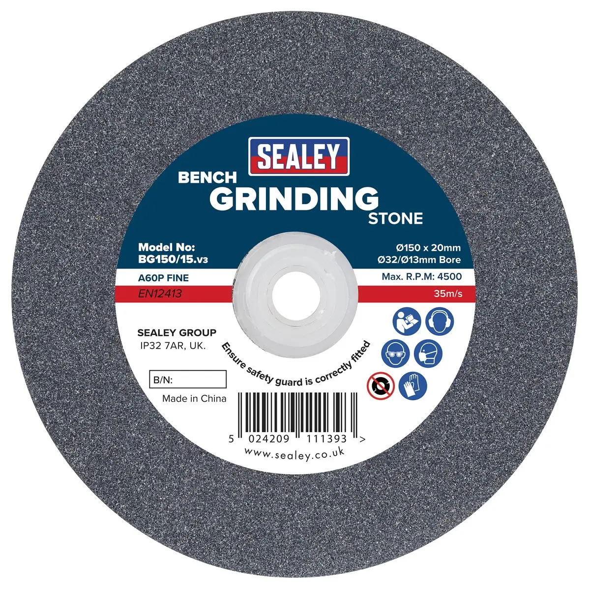 Sealey Grinding Stone Ø150 x 20mm Ø32(Ø13)mm Bore A60P Fine - Image 3