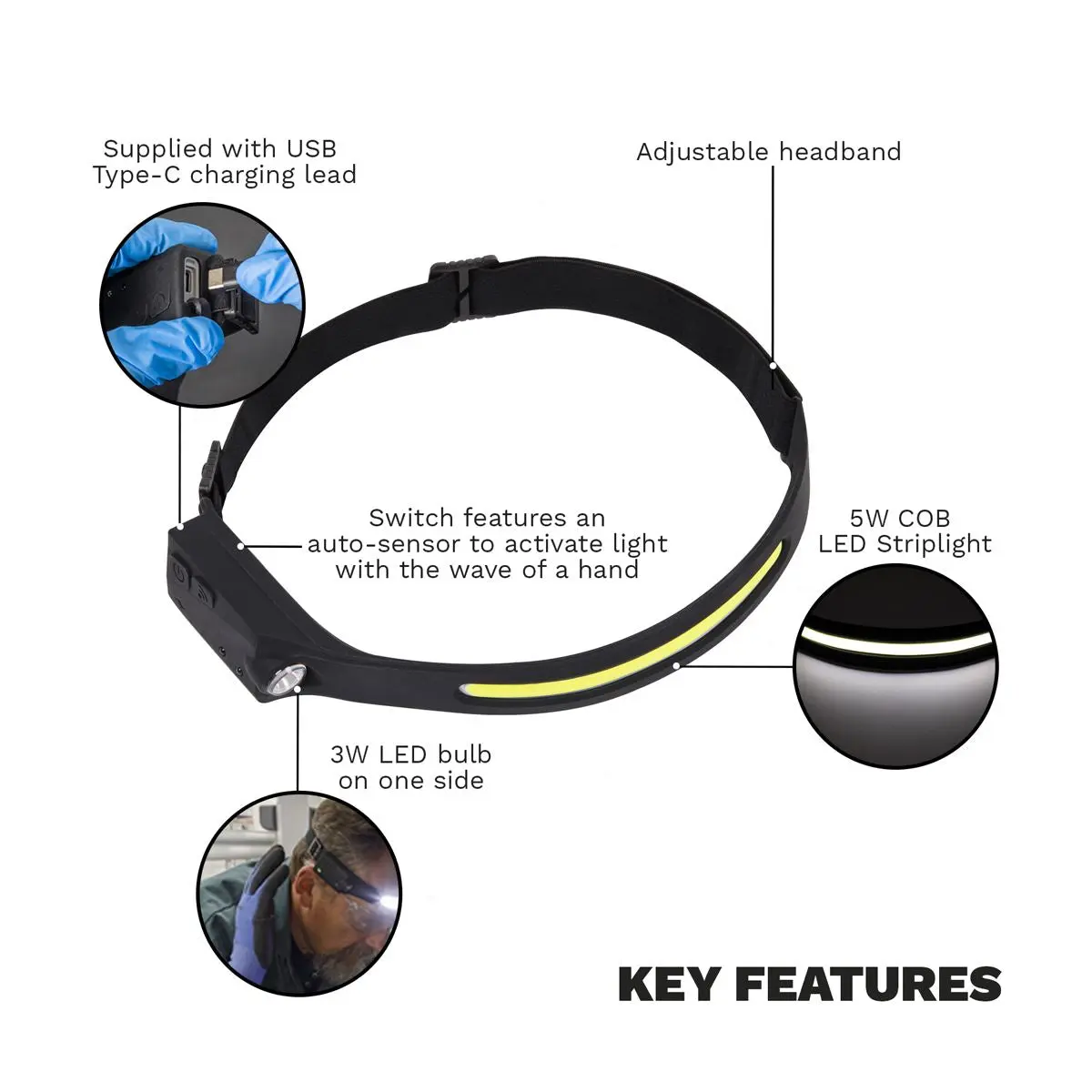 Sealey Head Torch 5W COB & 3W LED Bulb with Auto-Sensor Rechargeable - Image 4