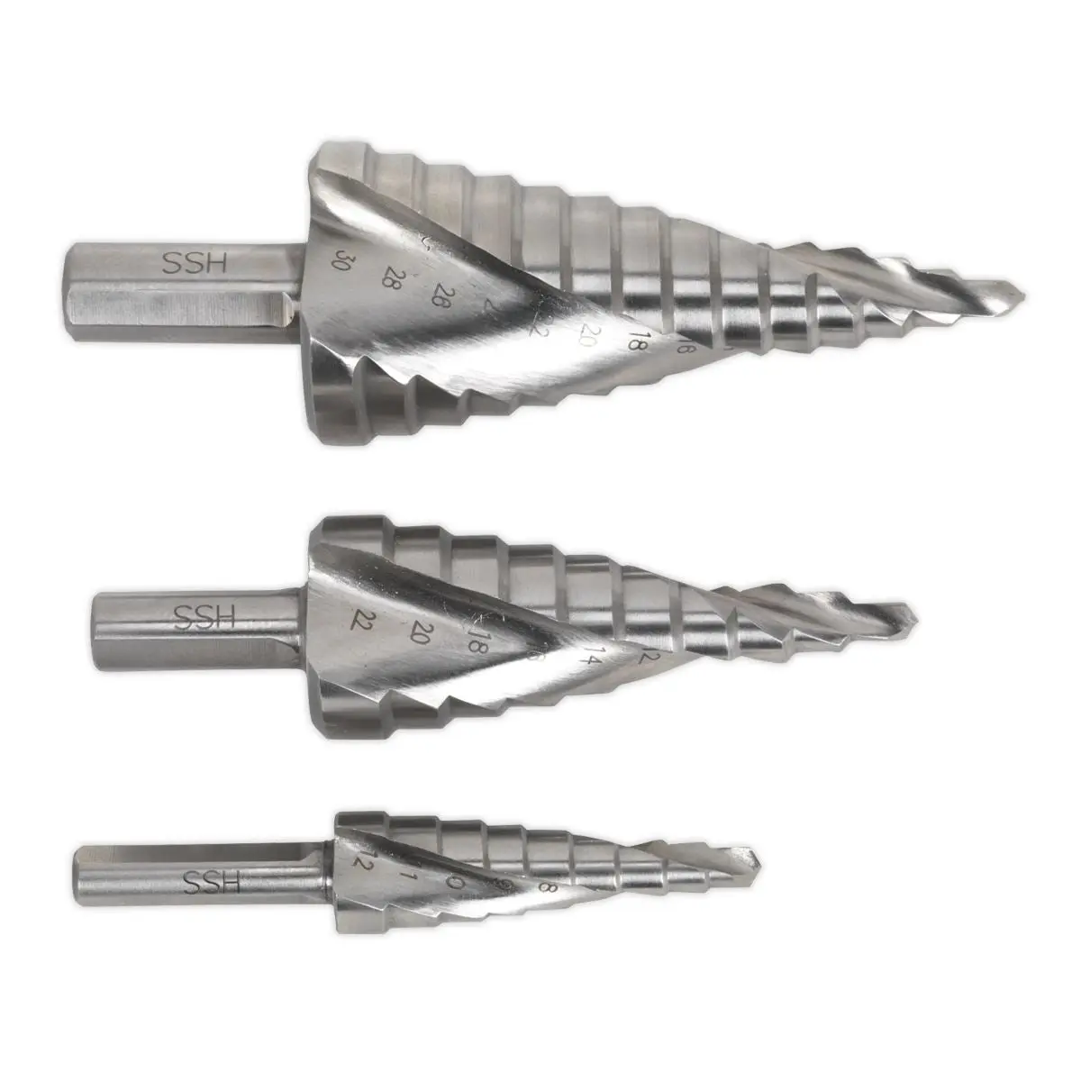 Sealey HSS 4341 Step Drill Bit Set 3pc Spiral Flute - Image 3