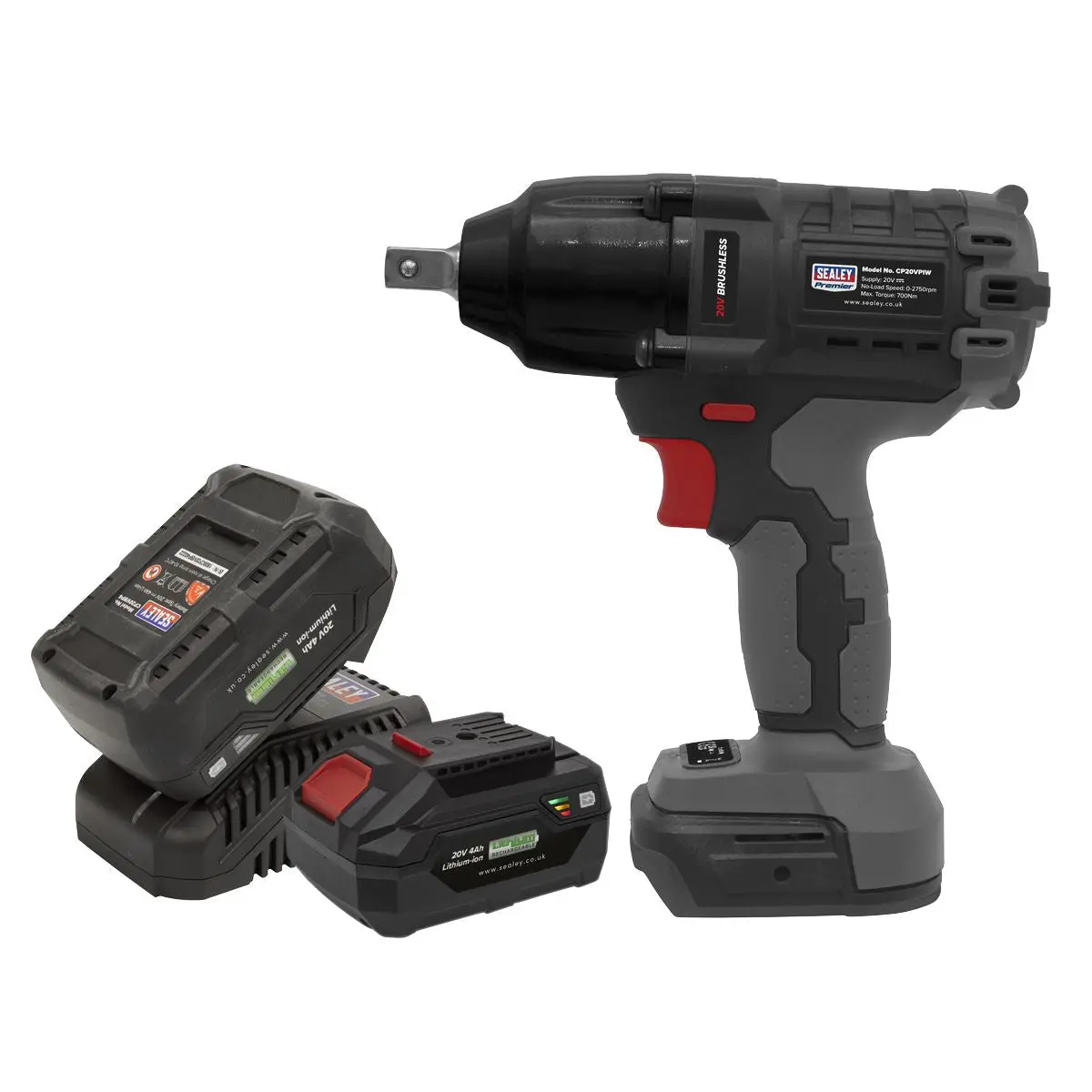 Sealey Premier Brushless Impact Wrench Kit 1/2"Sq Drive 20V 4Ah SV20 Series - 2 Batteries - Image 2