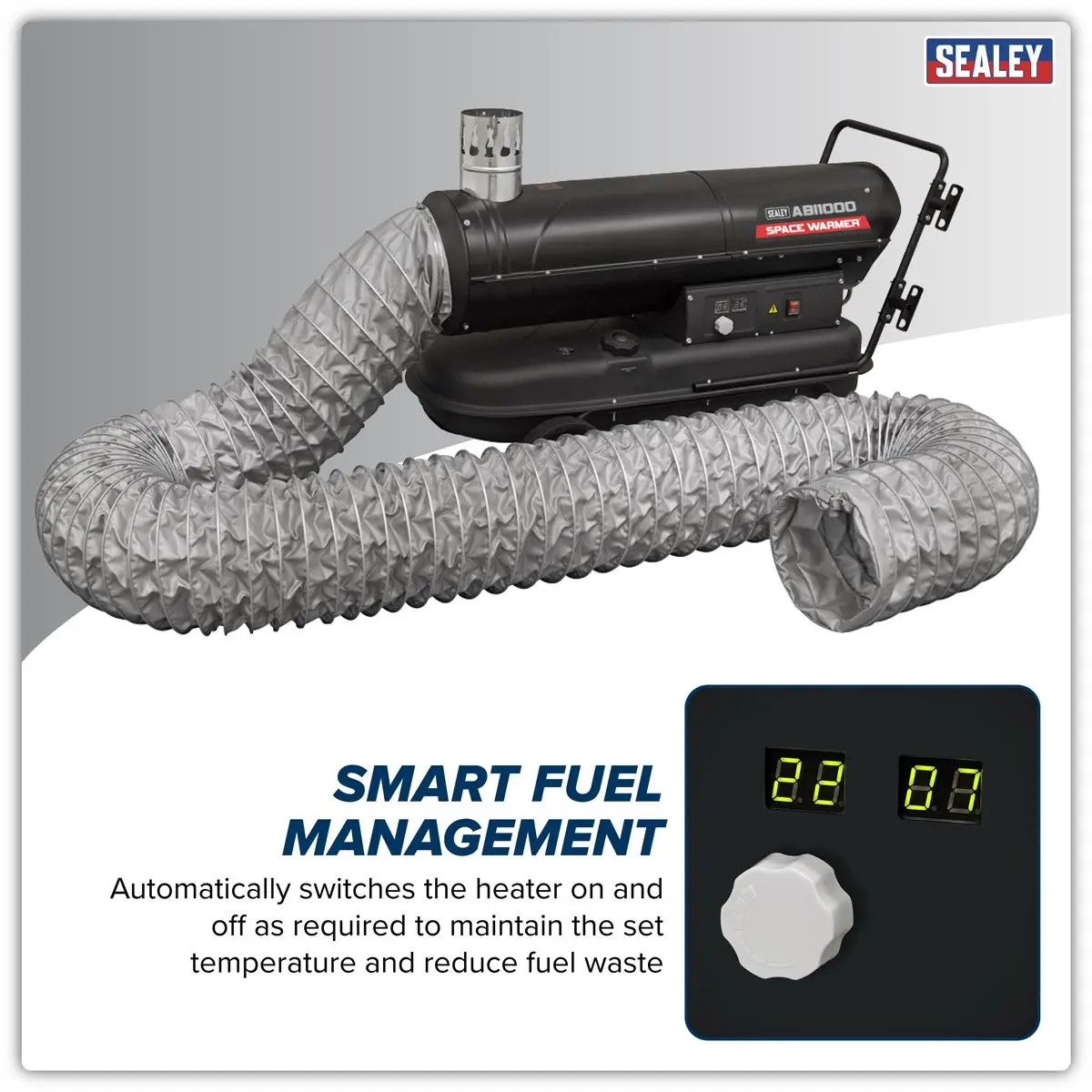 Sealey Space Warmer® Indirect Kerosene/Diesel Heater 102,000Btu/hr with 5M Ducting - Image 2