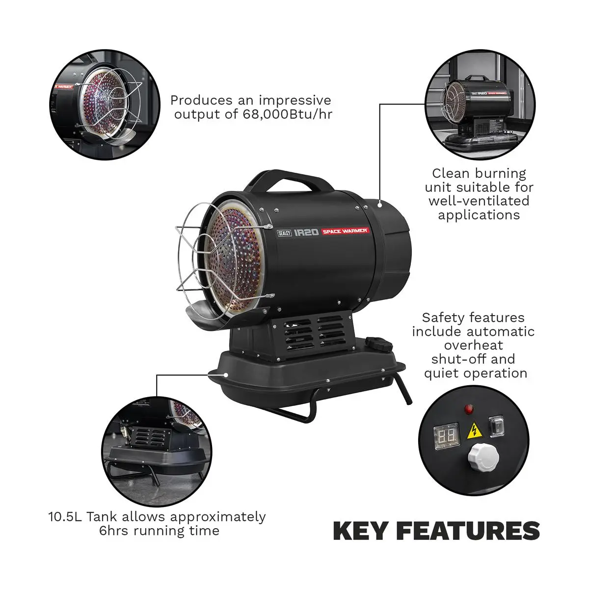 Sealey Infrared Space Warmer Kerosene/Diesel Heater 68,000Btu/hr - Image 8