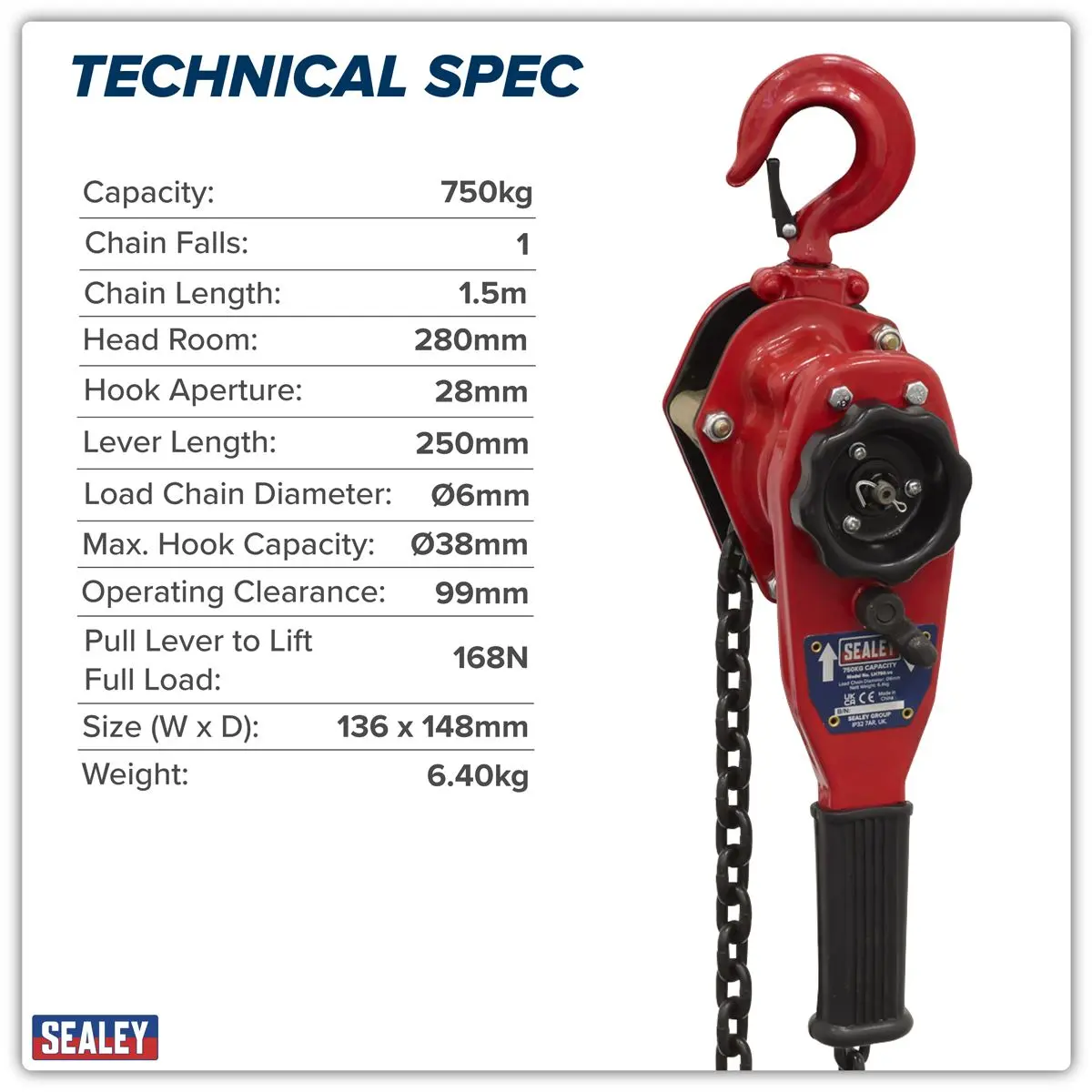 Sealey Lever Hoist Steel 750kg - Image 3