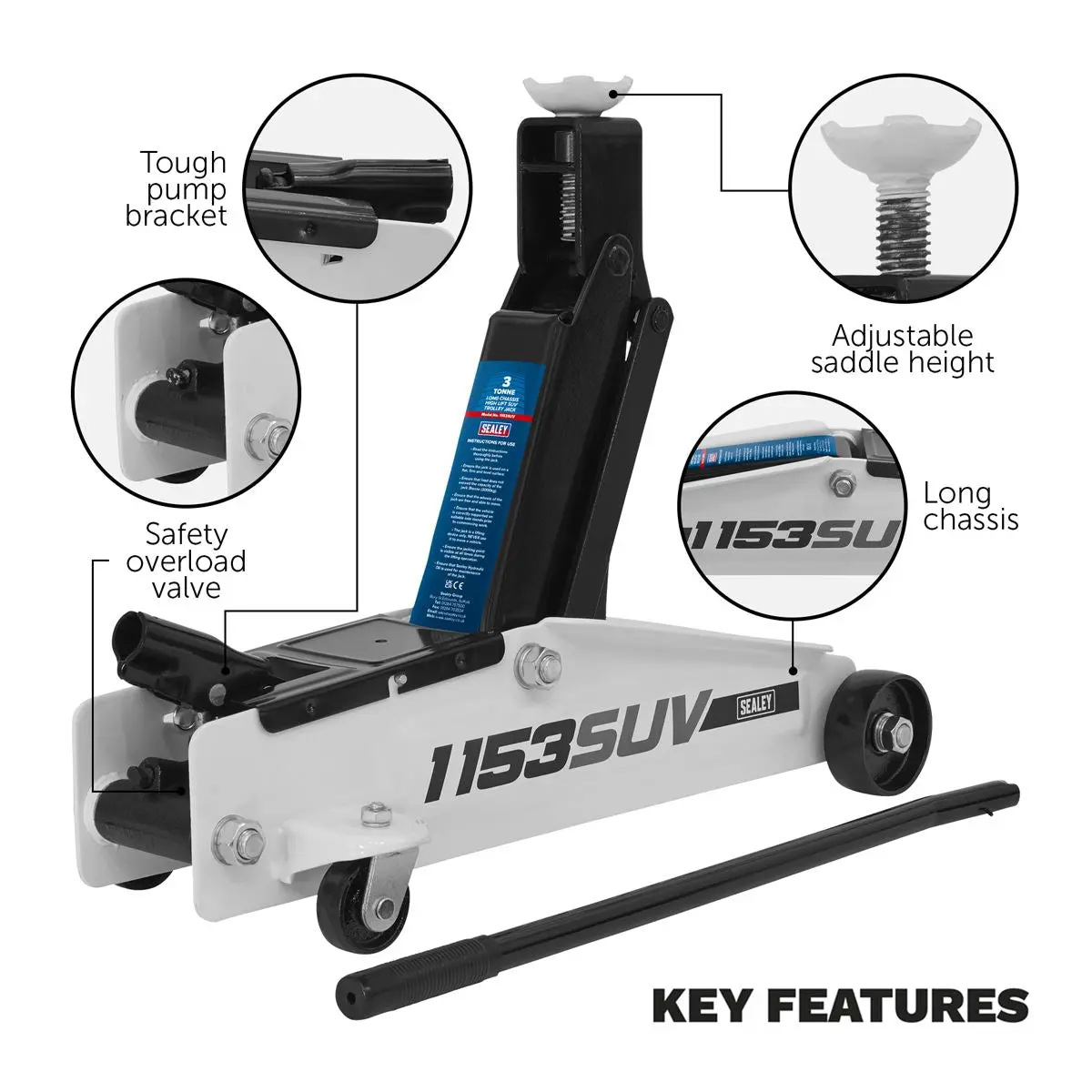 Sealey Long Reach High Lift SUV Trolley Jack 3 Tonne - Image 6