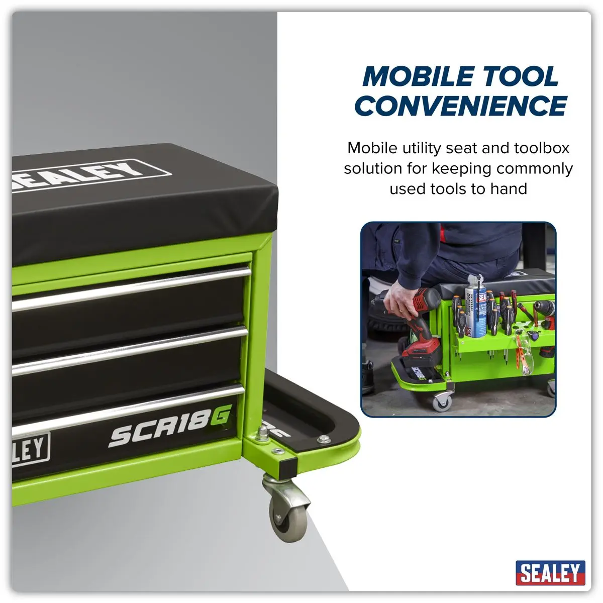 Sealey Mechanic's Utility Seat & Toolbox - Green - Image 4