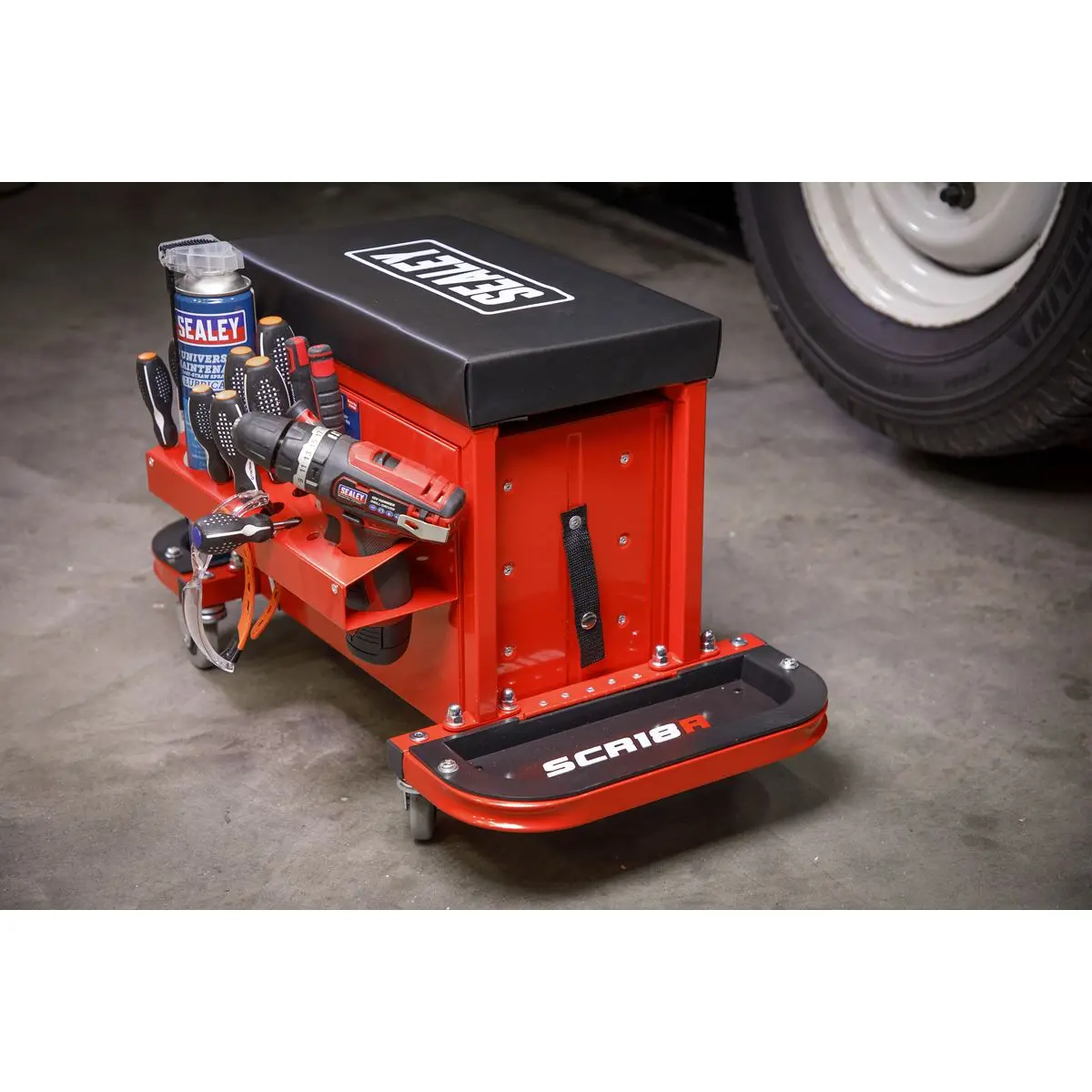 Sealey Mechanic's Utility Seat & Toolbox - Red - Image 11