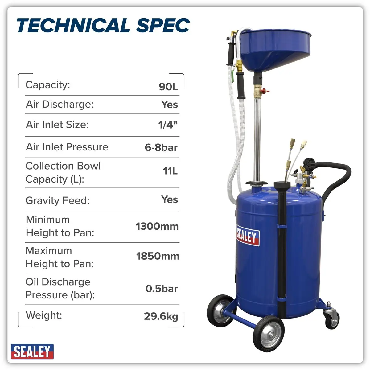 Sealey Air Discharge Mobile Oil Drainer with Probes 90L - Image 14