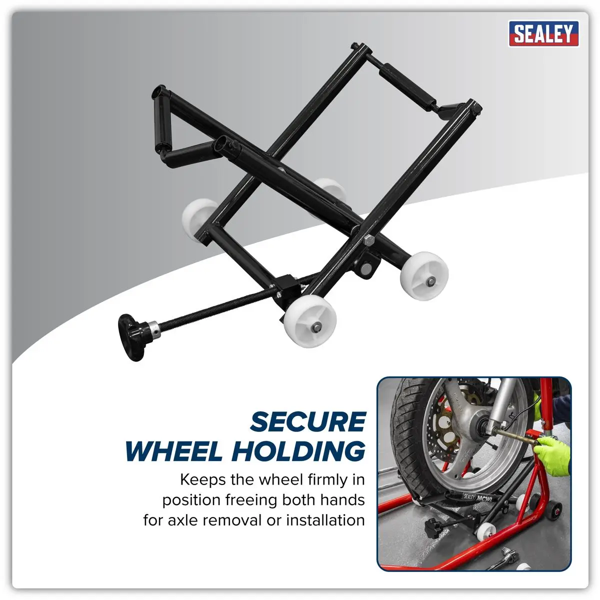 Sealey Motorcycle Wheel adjustable Support with Rollers - Image 3