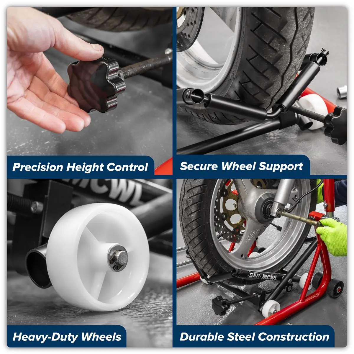 Sealey Motorcycle Wheel adjustable Support with Rollers - Image 9