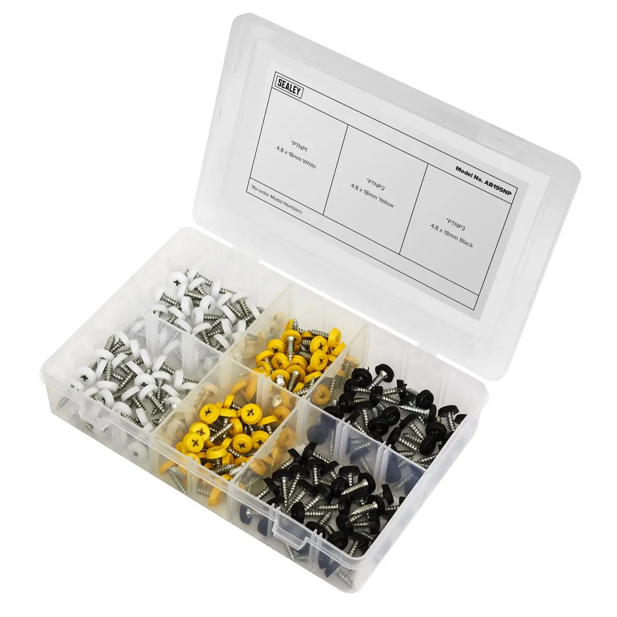 Sealey Numberplate Screw Assortment 195pc 4.8mm x 18mm - Plastic Enclosed Head - Image 4