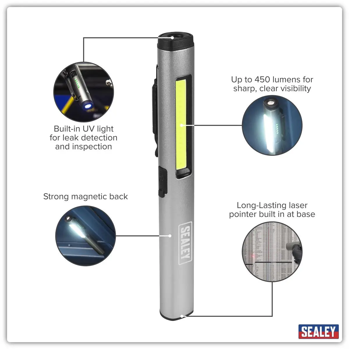 Sealey Penlight Torch with UV 5W COB & 3W SMD LED with Laser Pointer Rechargeable - Image 14