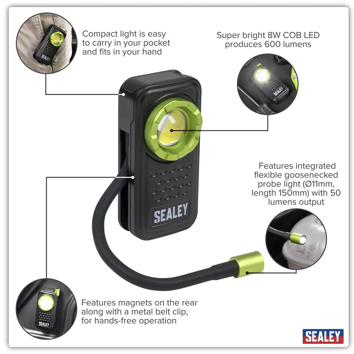 Sealey Pocket Light with Flexi Inspection Light 8W COB LED & 1W SMD LED - Image 17