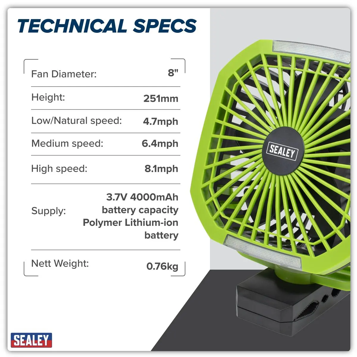 Sealey Portable Clip Fan with Worklight 8" 4 Speeds - Image 5