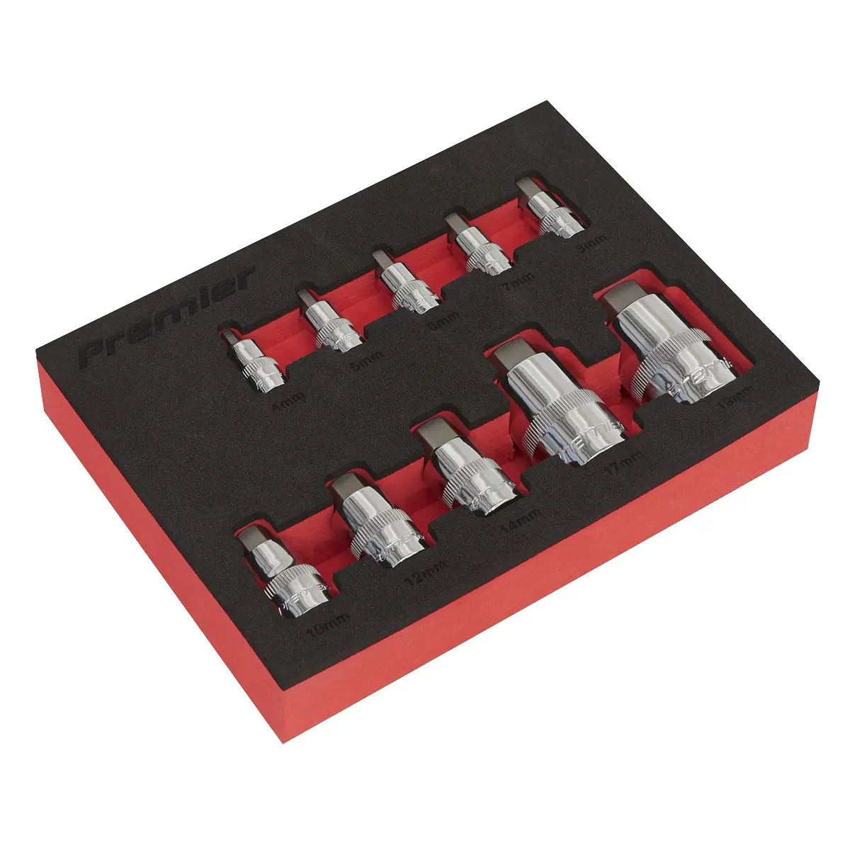 Sealey Premier 10 Piece 1/4" 3/8" 1/2" Drive Stubby Hex Socket Bit Set in EVA Tray 4-19mm
