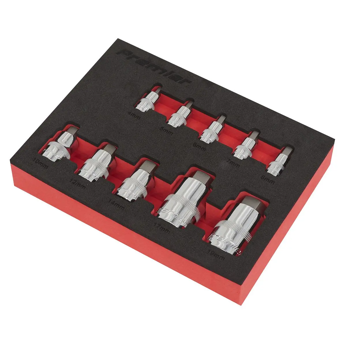 Sealey Premier 10 Piece 1/4" 3/8" 1/2" Drive Stubby Hex Socket Bit Set in EVA Tray 4-19mm - Image 2