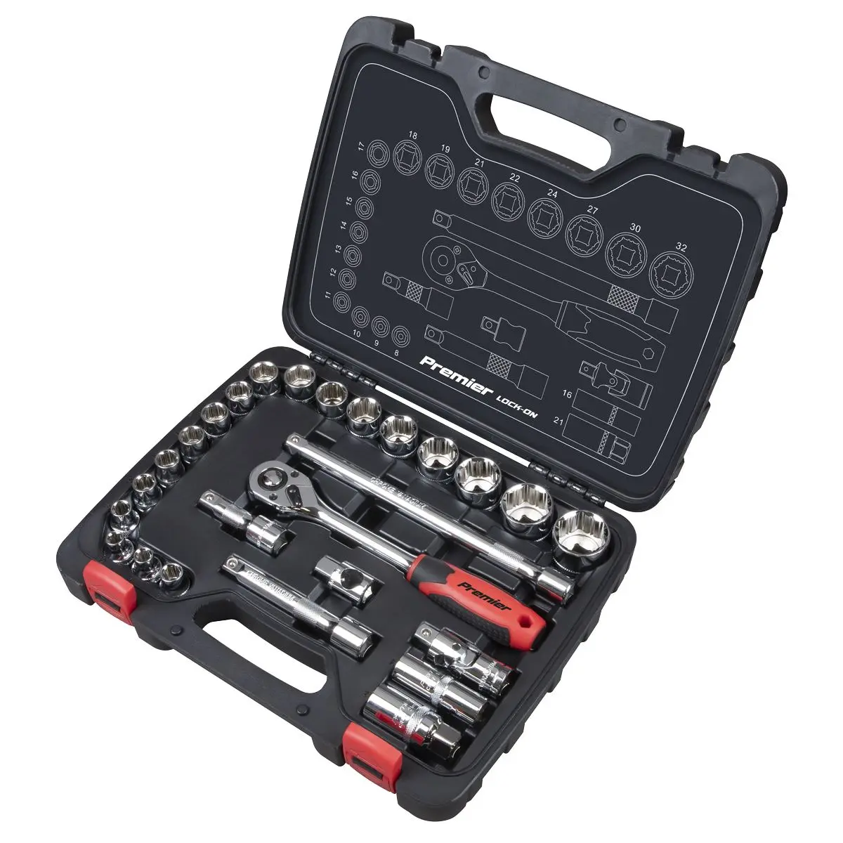 Sealey Premier 26 Piece 1/2" Drive Lock On Socket Set 8-32mm Ratchet Handle - Image 2