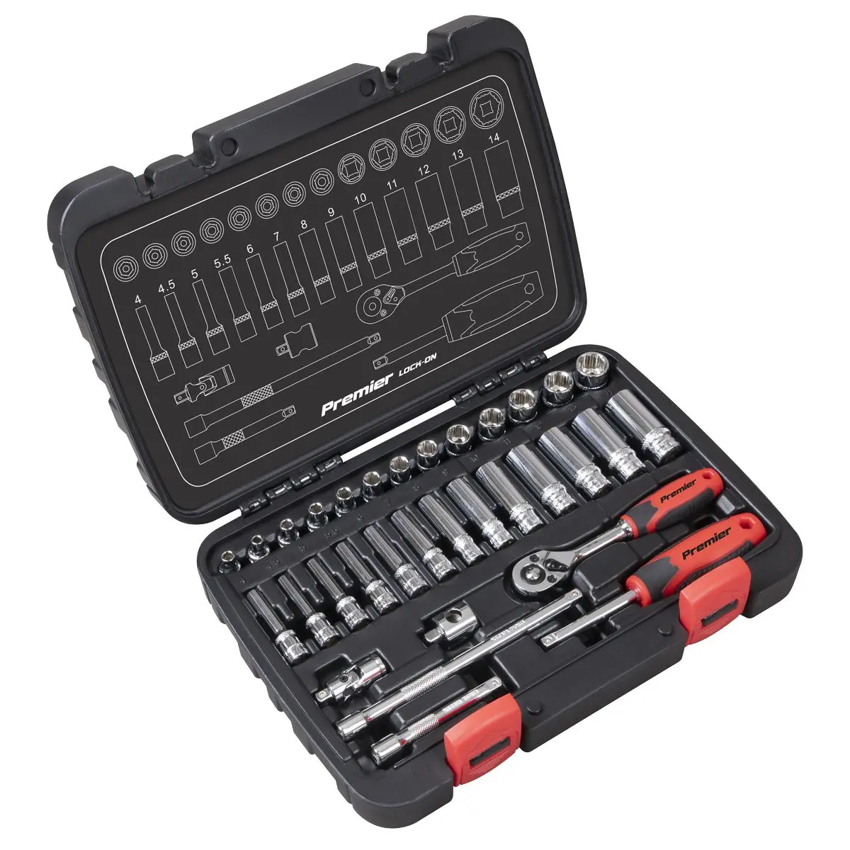 Sealey Premier 32 Piece 1/4" Drive Lock On Socket Set 4-14mm Ratchet Handle