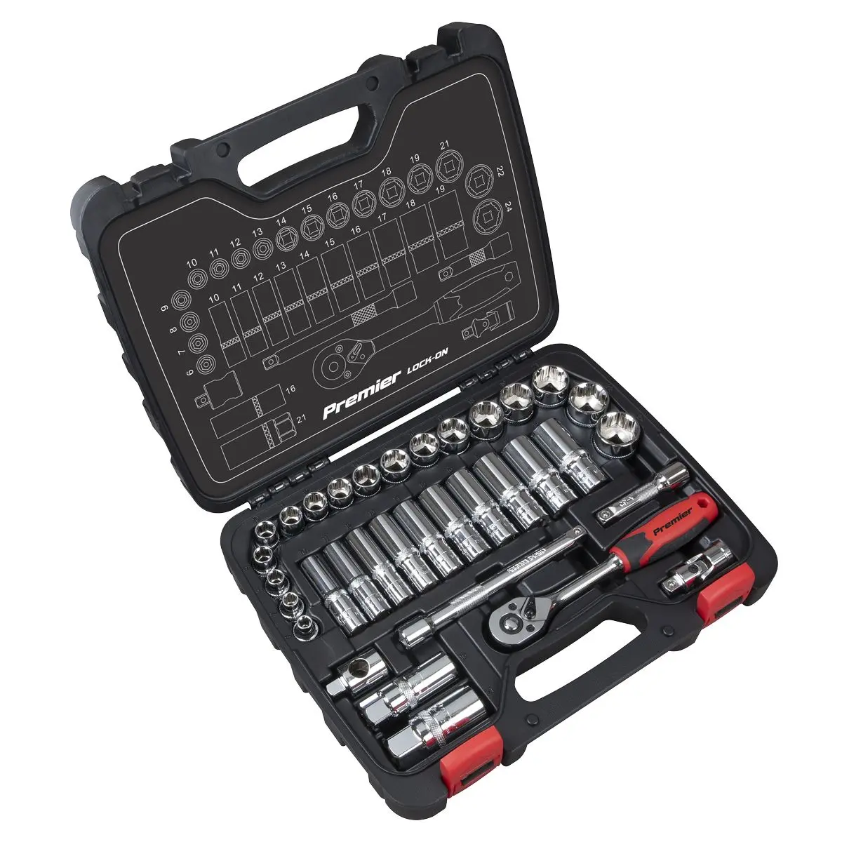 Sealey Premier 34 Piece 3/8" Drive Lock On Socket Set 6-24mm Ratchet Handle