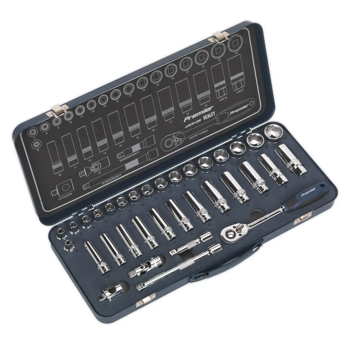 Sealey Premier 34 Piece 3/8" Drive Lock On Socket Set 6-24mm Ratchet Handle - Image 5