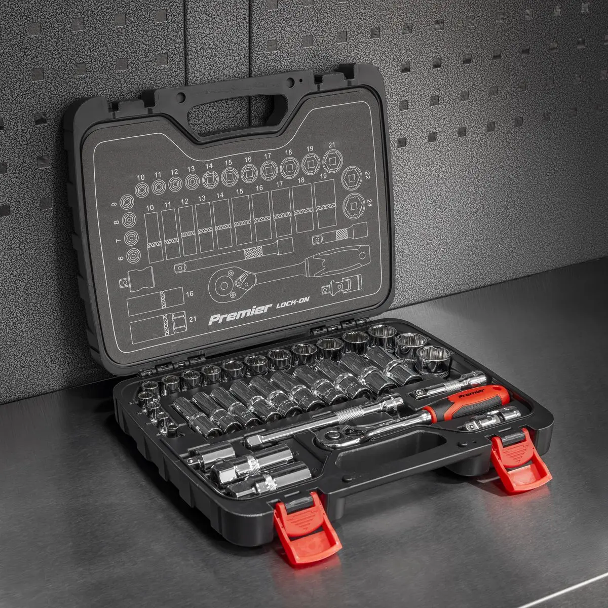 Sealey Premier 34 Piece 3/8" Drive Lock On Socket Set 6-24mm Ratchet Handle - Image 6