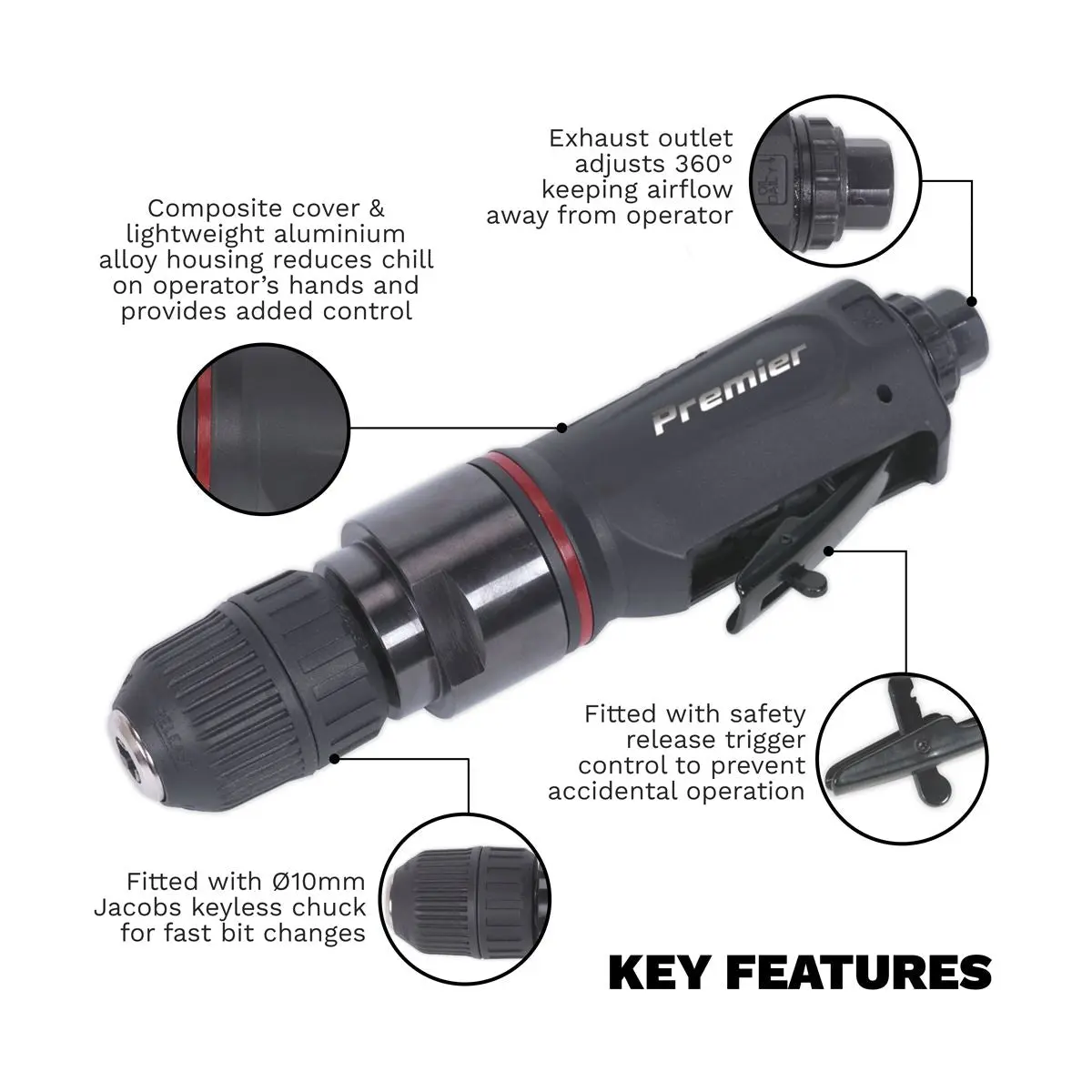 Sealey Premier Air Drill Straight with Ø10mm Keyless Chuck Premier - Image 4