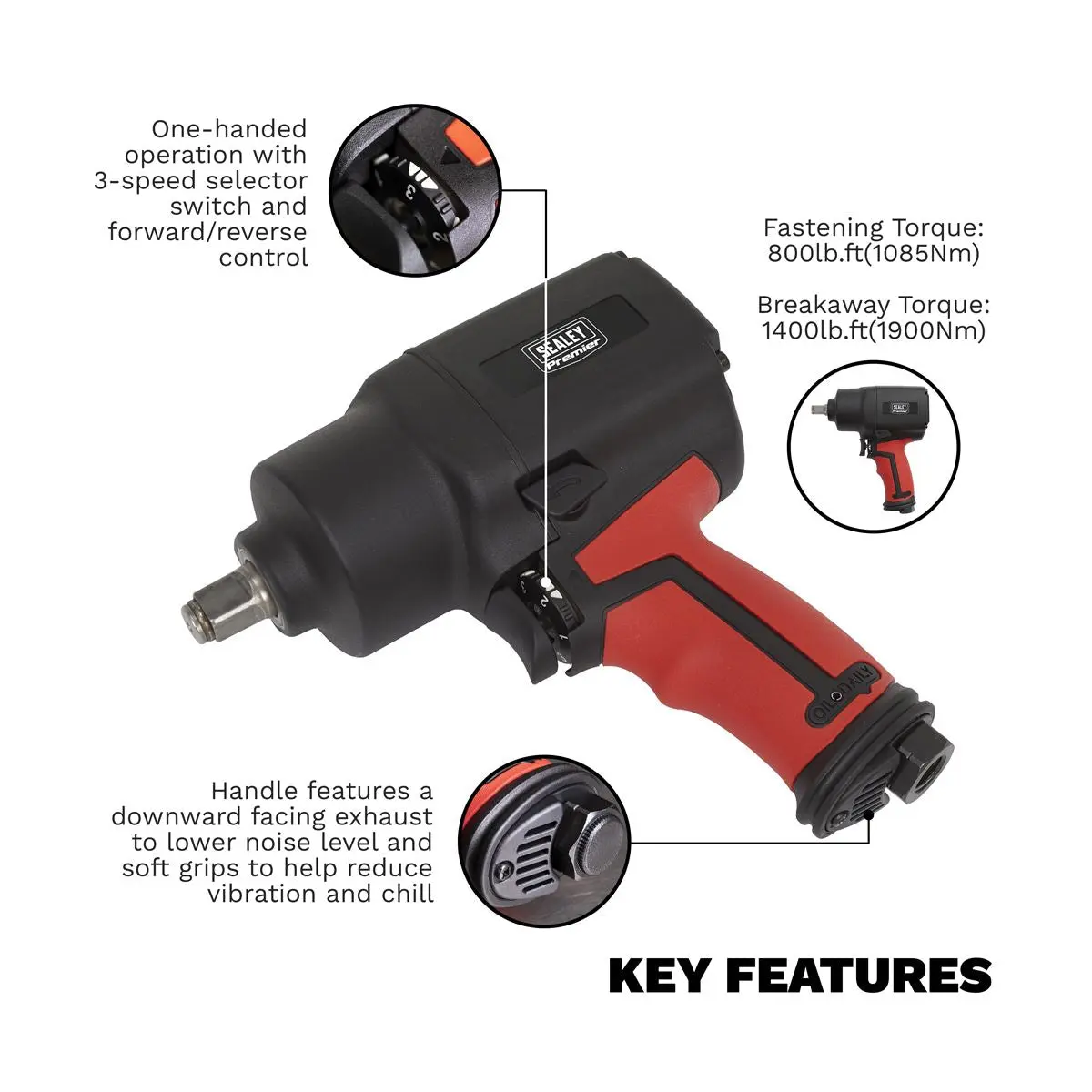 Sealey Premier Air Impact Wrench 1/2"Sq Drive Twin Hammer - Image 6