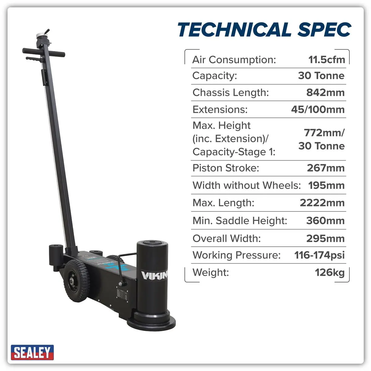 Sealey Viking Air Operated High Lift Single Stage Jack 30 Tonne - Image 3