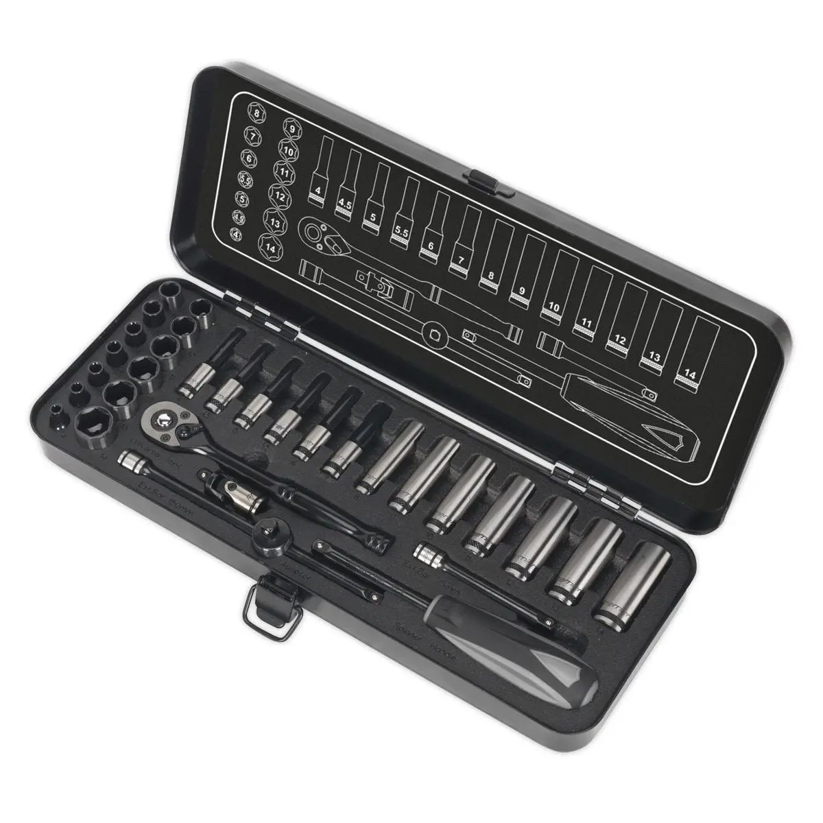 Sealey Premier Black 32 Piece 1/4" Drive Metric Socket Set WallDrive Ratchet Handle - Image 9