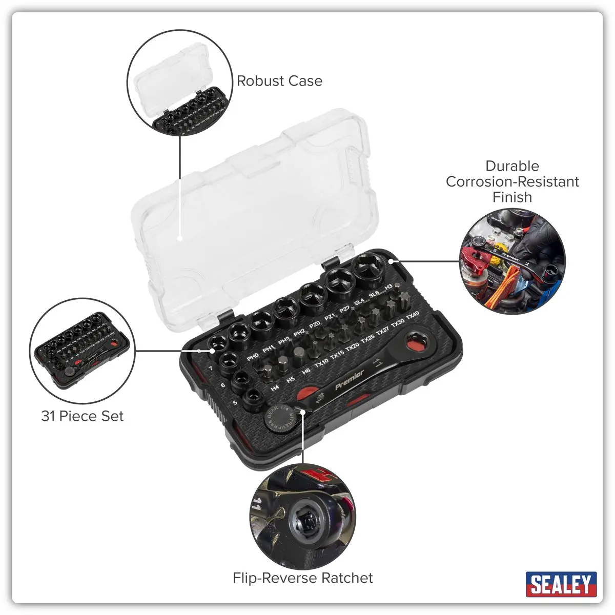 Sealey Premier Black Premier Black Go-Through Lock-On™ Low Profile Socket & Bit Set 1/4"Sq Drive 31pc - Image 10