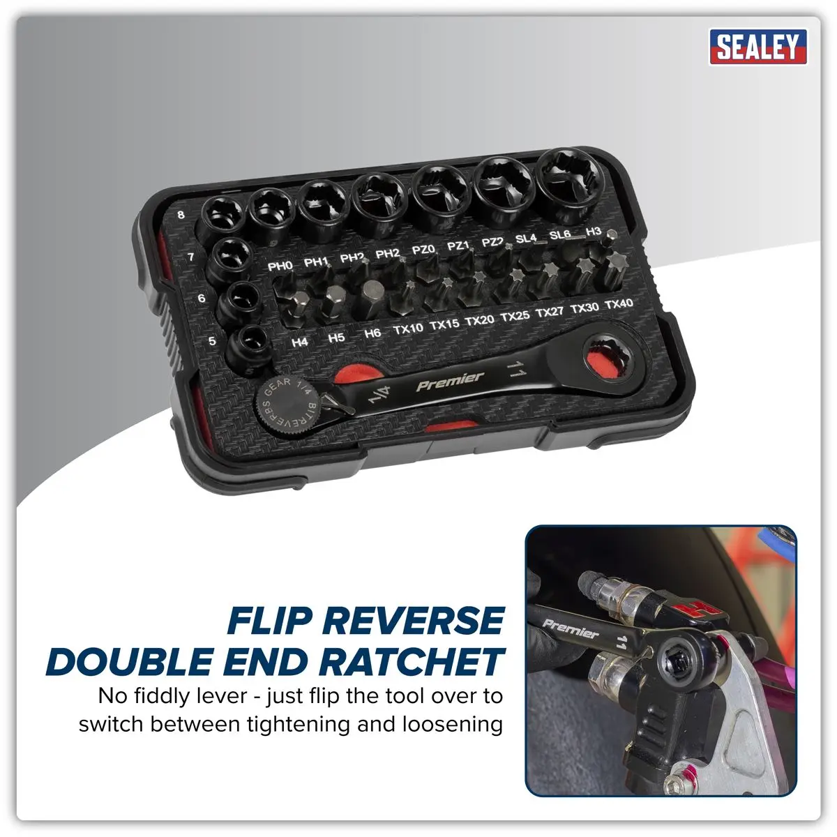 Sealey Premier Black Premier Black Go-Through Lock-On™ Low Profile Socket & Bit Set 1/4"Sq Drive 31pc - Image 11