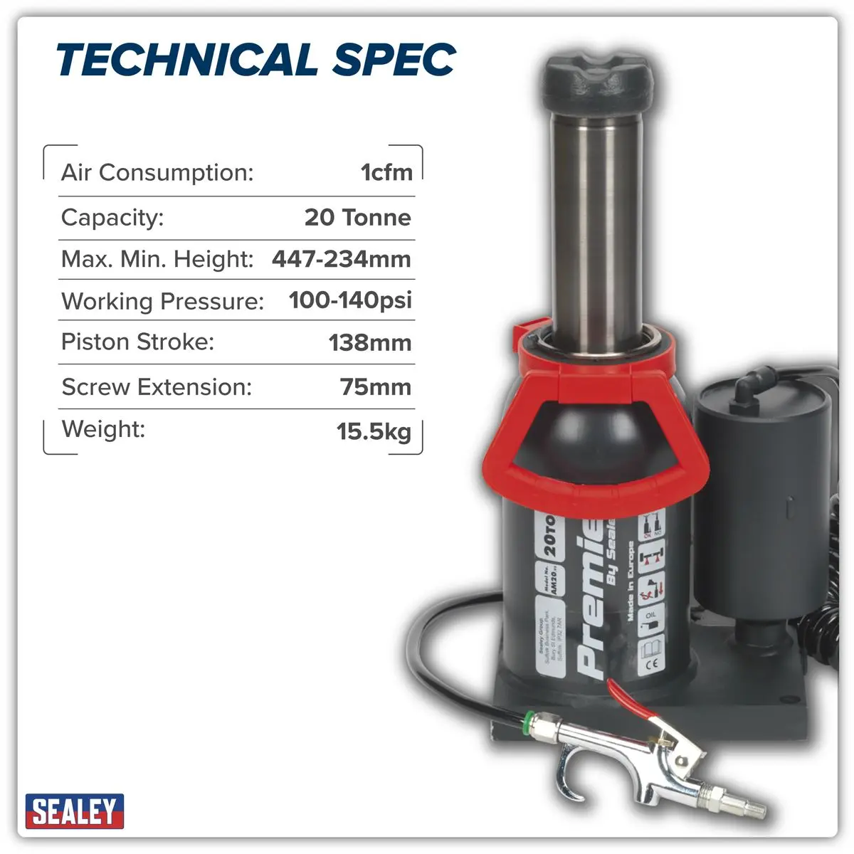 Sealey Premier Premier Manual/Air Hydraulic Bottle Jack 20 Tonne - Image 15