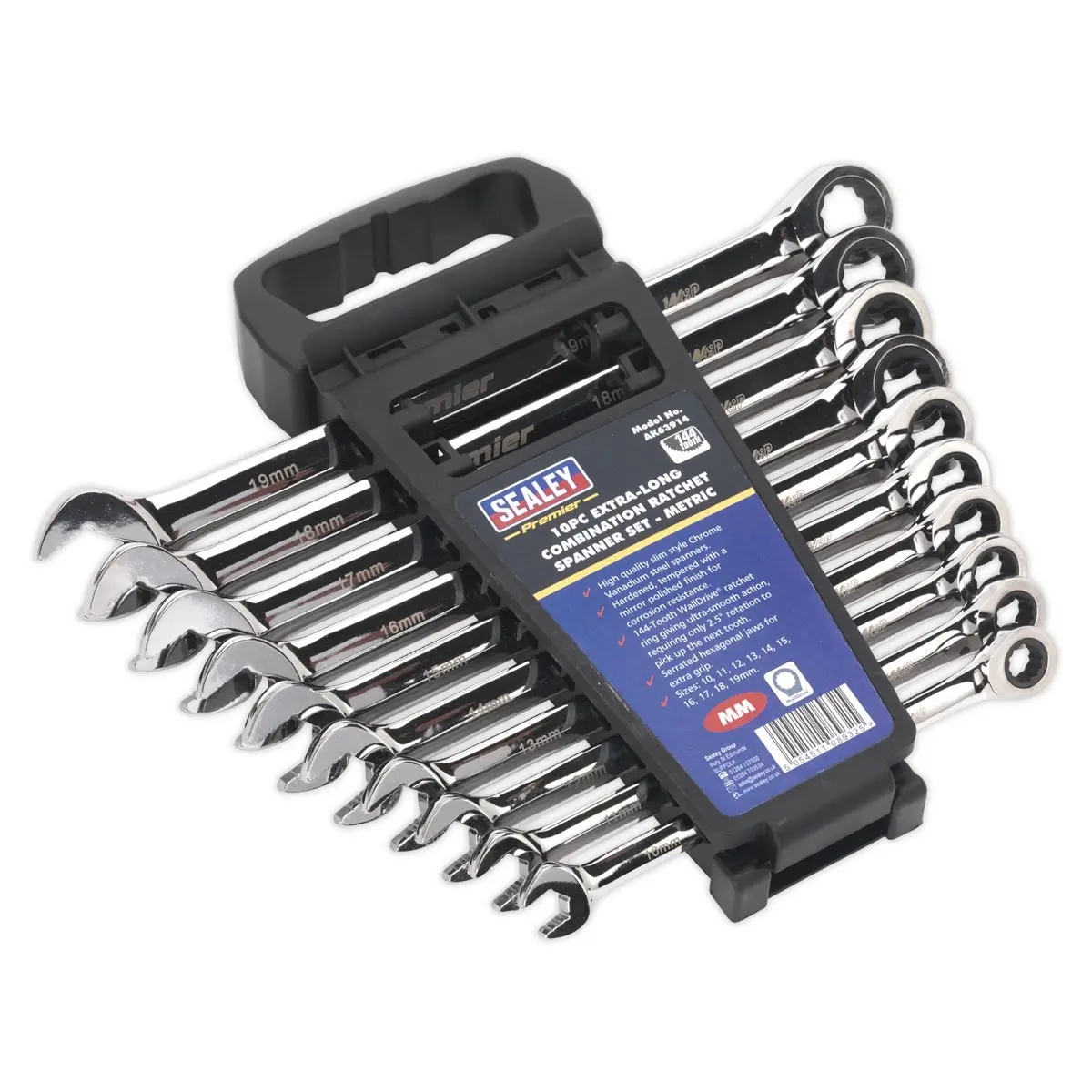 Sealey Premier Combination Ratchet Spanner Set 10pc Extra-Long Metric - Image 2
