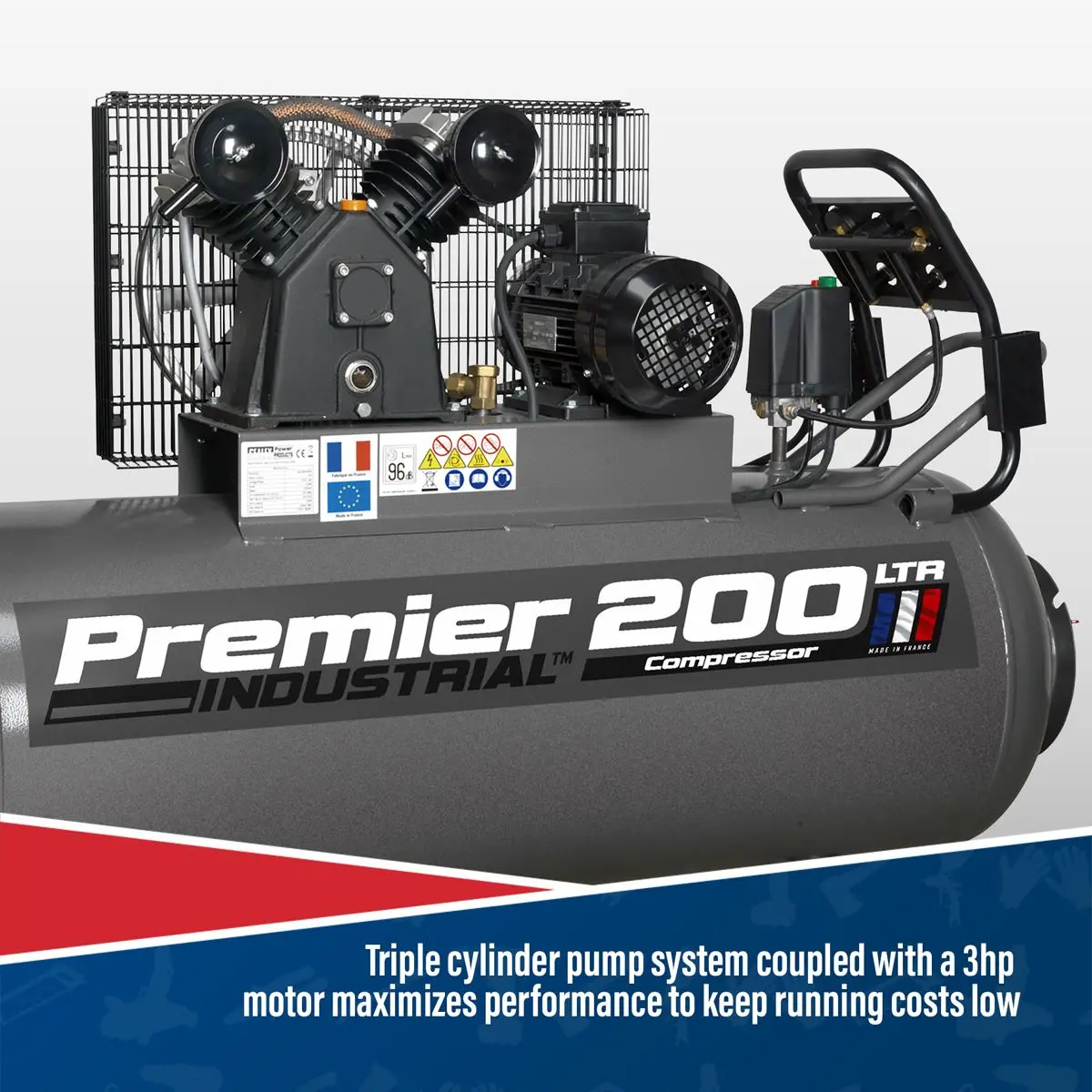 Sealey Premier 200L Belt Drive Air Compressor with Front Control Panel 3hp 415V 3ph - Image 8