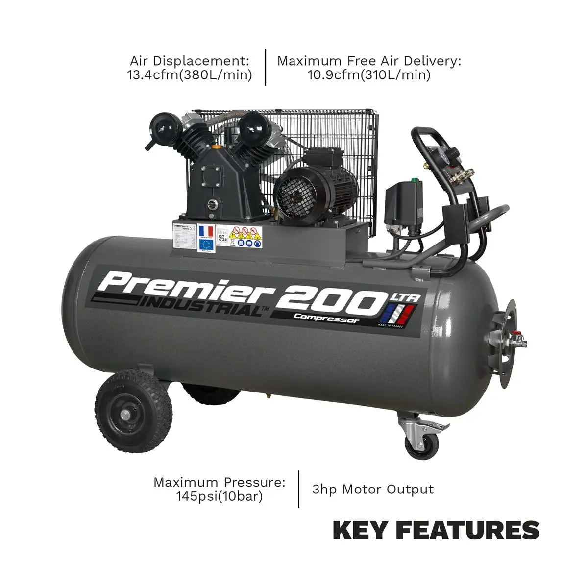 Sealey Premier 200L Belt Drive Air Compressor with Front Control Panel 3hp 415V 3ph - Image 9