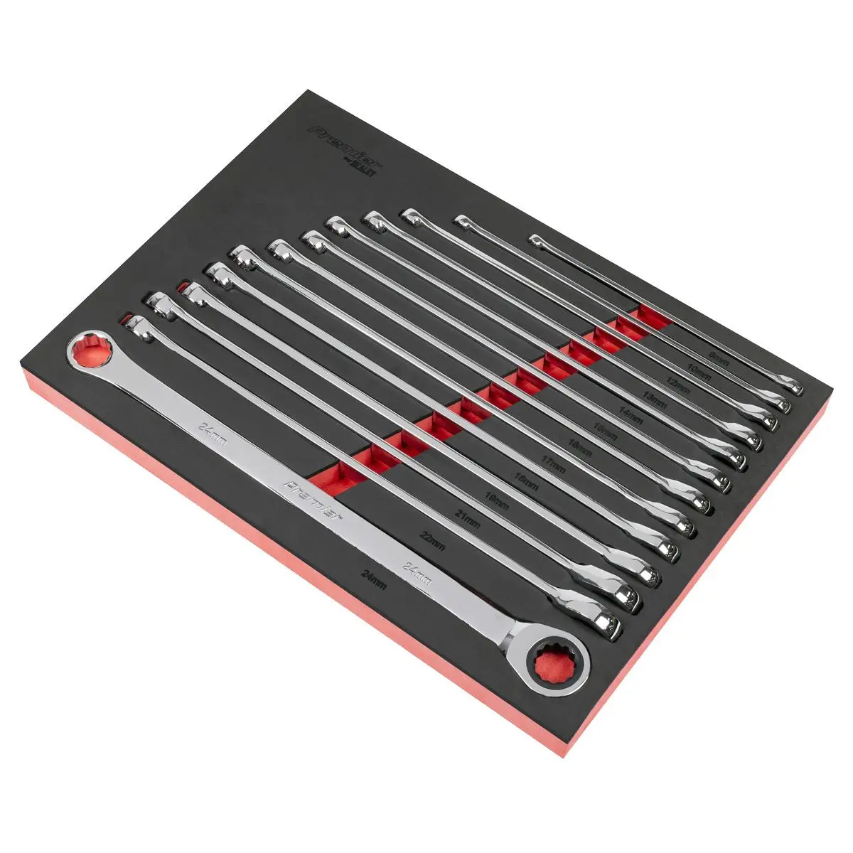 Sealey Premier Extra-Long Double Ring Ratchet/Fixed Spanner Set 13pc - Image 3