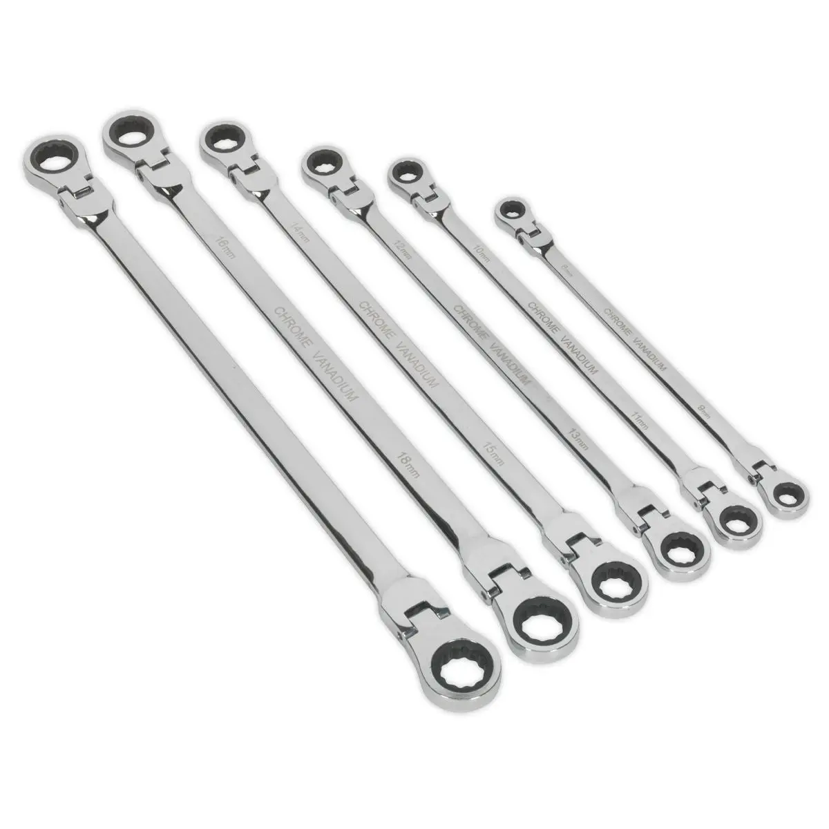 Sealey Premier Flexi-Head Double End Ratchet Ring Spanner Set 6pc Extra-Long Metric