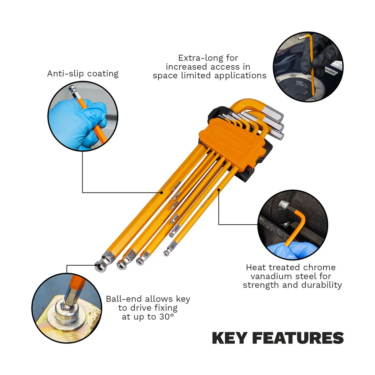 Sealey Premier Hex Key Set Extra-Long Ball-End 9pc - Imperial - Image 8