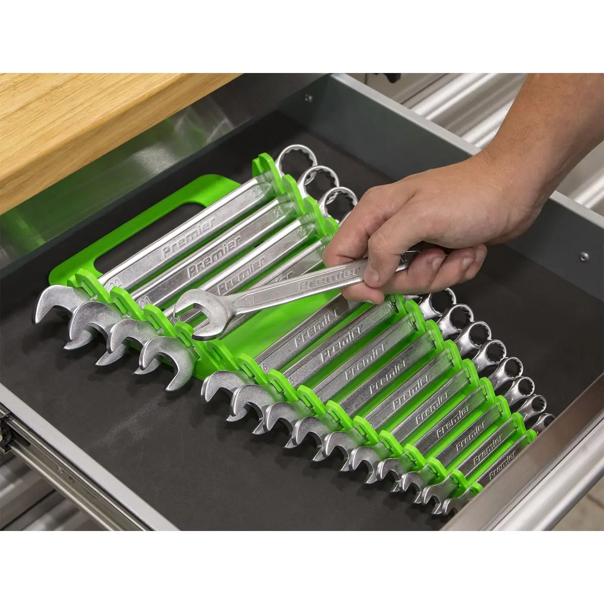 Sealey Premier High Visibility Green Spanner Rack 15 Capacity Hanging Toolbox - Image 3