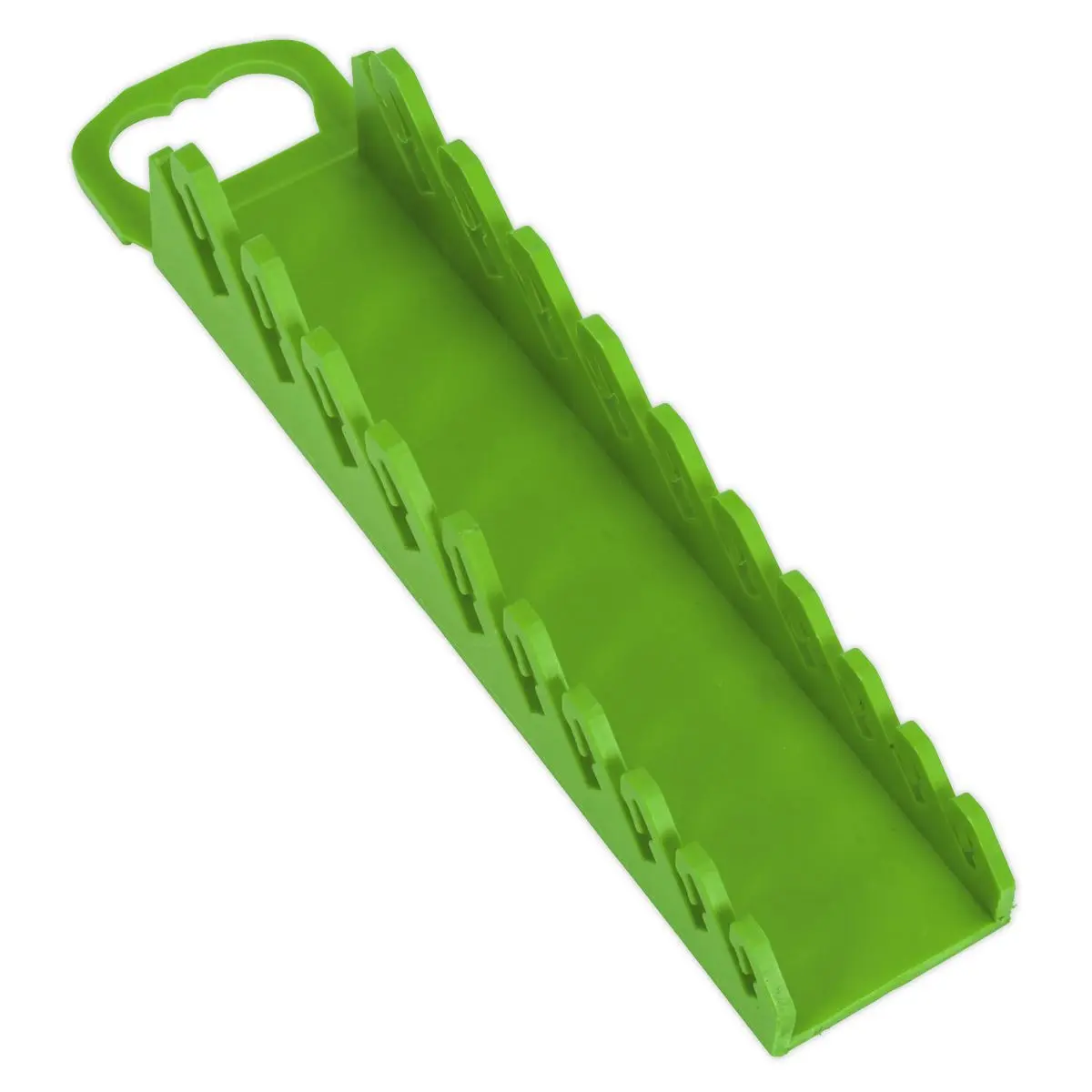 Sealey Premier High Visibility Green Stubby Spanner Rack 10 Capacity Hanging Toolbox - Image 3