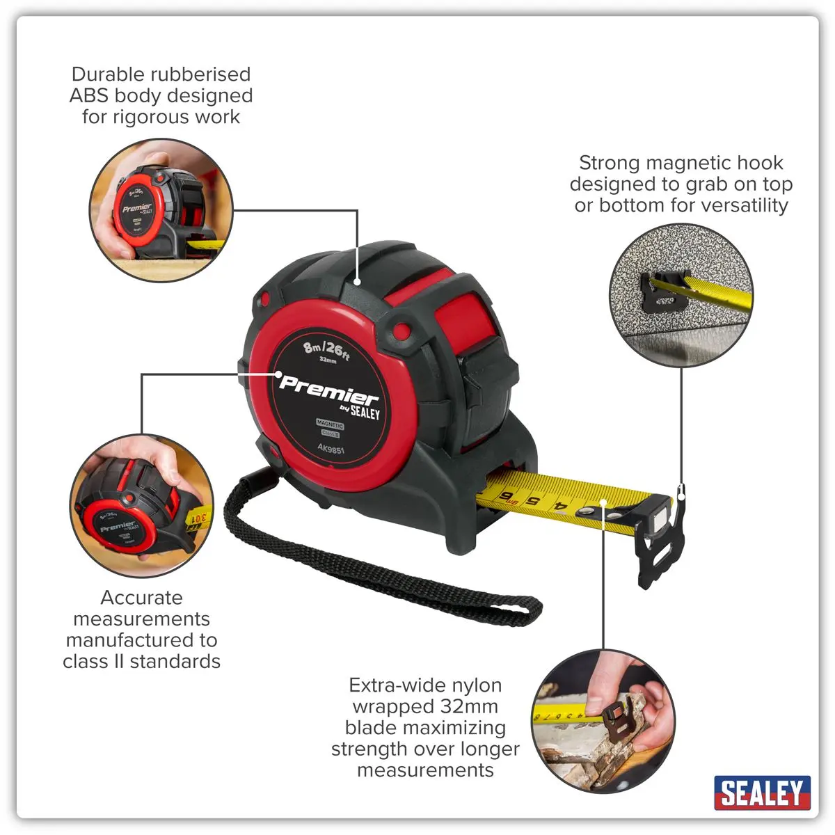 Sealey Premier Metric/Imperial Tape Measure Extra-Wide Blade 8m(26ft) x 32mm - Image 9