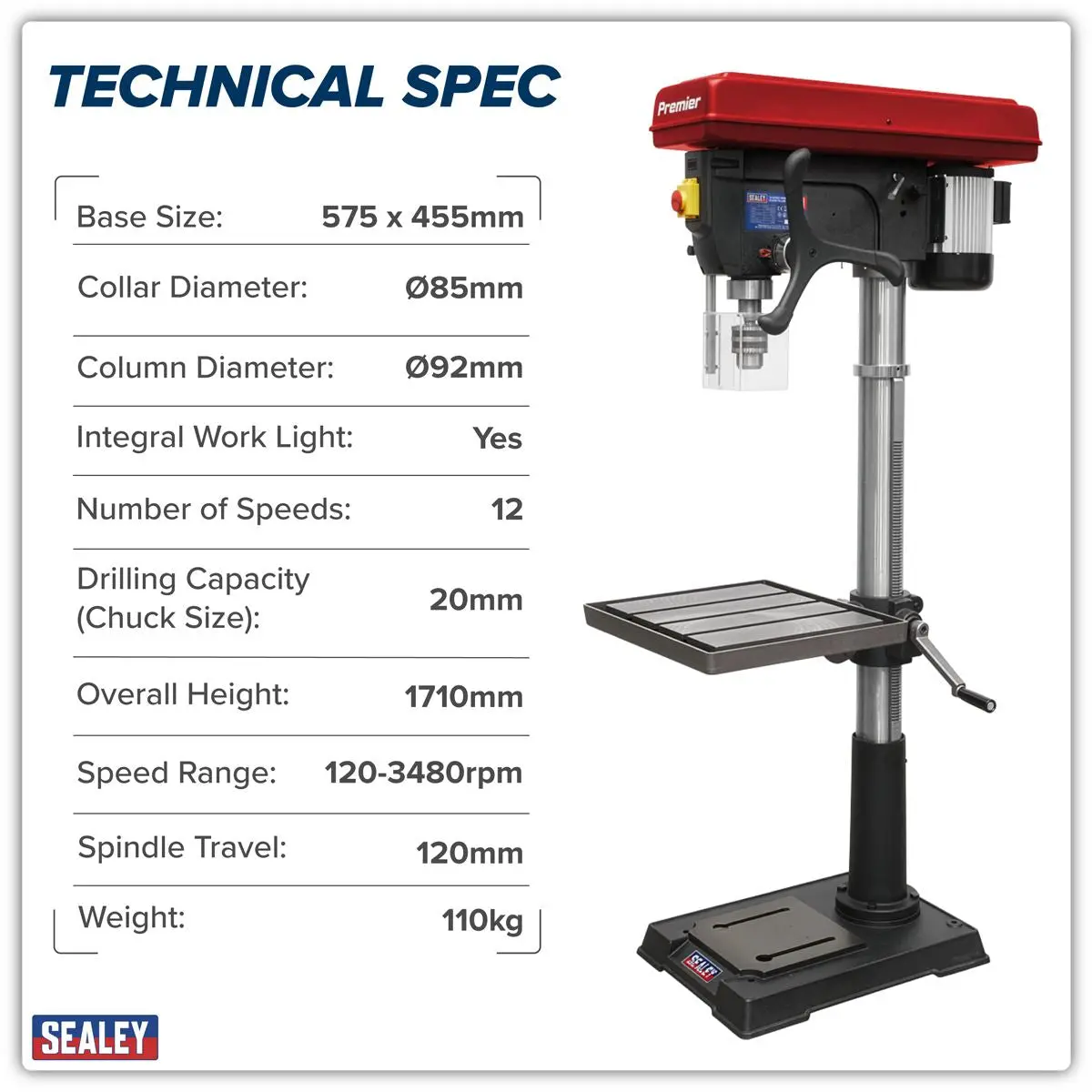 Sealey Premier Floor Standing Pillar Drill 12-Speed 1100W/230V - Image 9