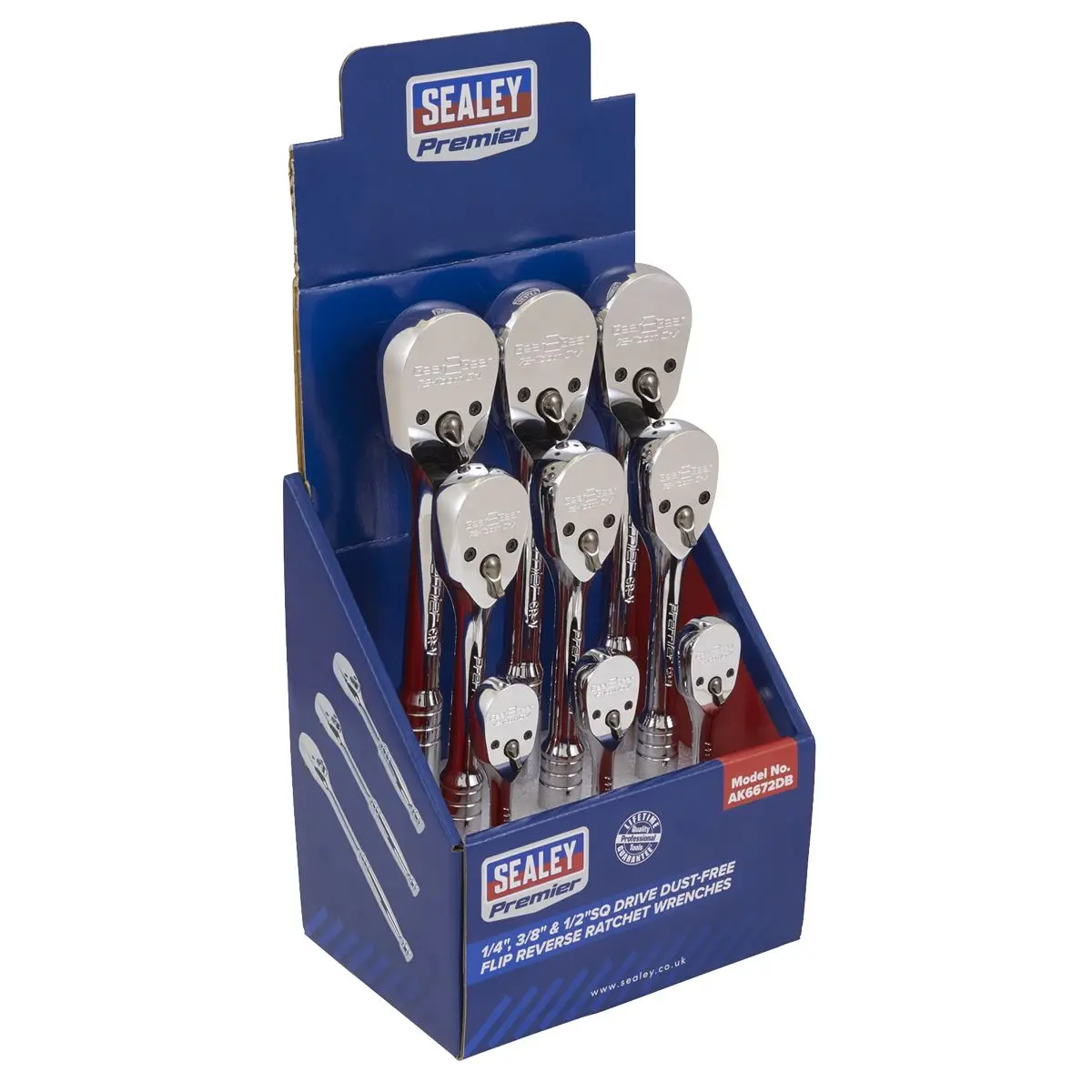 Sealey Premier Ratchet Wrenches 1/4", 3/8" & 1/2"Sq Drive Pear-Head Flip Reverse Display Box of 9