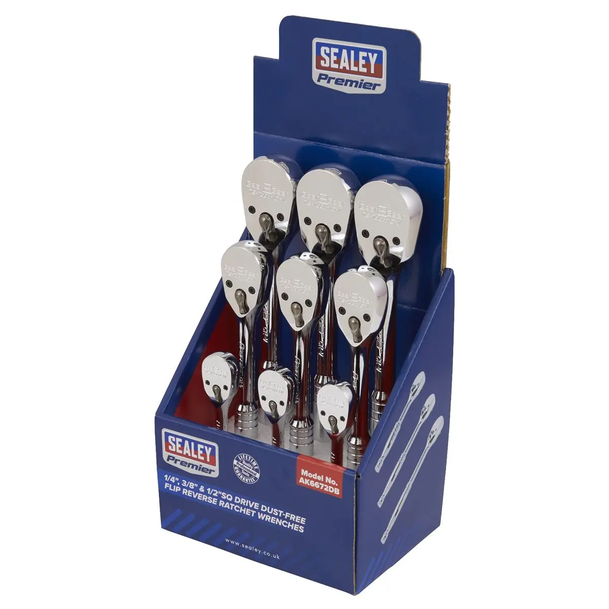 Sealey Premier Ratchet Wrenches 1/4", 3/8" & 1/2"Sq Drive Pear-Head Flip Reverse Display Box of 9 - Image 2