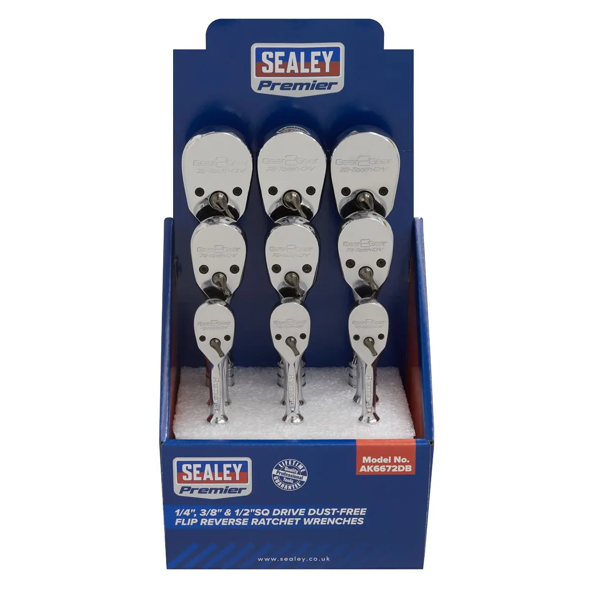 Sealey Premier Ratchet Wrenches 1/4", 3/8" & 1/2"Sq Drive Pear-Head Flip Reverse Display Box of 9 - Image 3