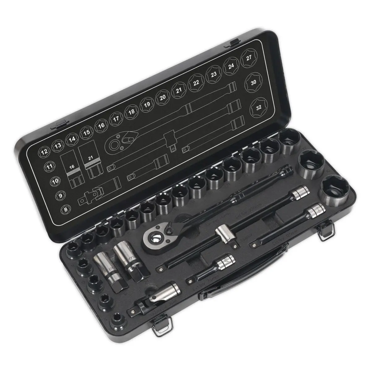 Sealey Premier Socket Set 28 Piece 1/2" Drive 6 Point WallDrive Metric Black Series